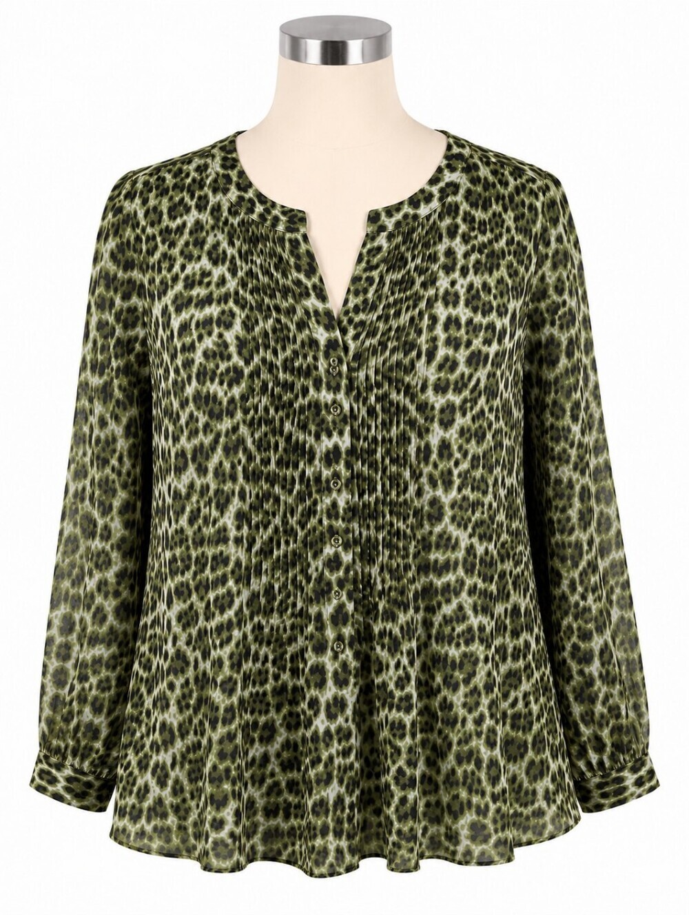 Laura Scott Women's Green Leopard Print Pin Tuck Button Down Shirt Sz 26/28W